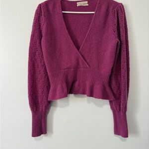 Urban Outfitters Delilah Pointelle Ruffle Surplice pink purple Sweater